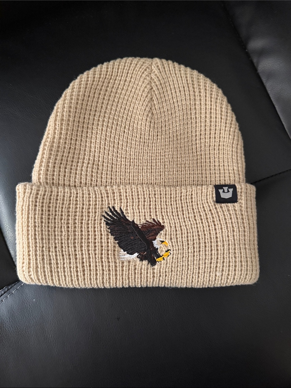 Men's Tan Knit Beanie with Embroidered Eagle - Branded Cuffed Hat